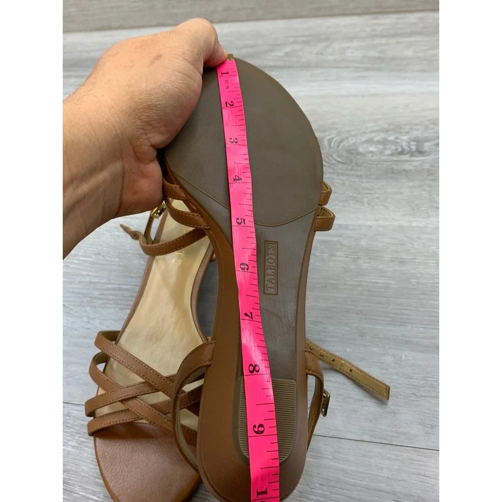 Talbots Women's 8 Cognac Brown Leather Strappy Low Wedge Ankle Strap Sandals